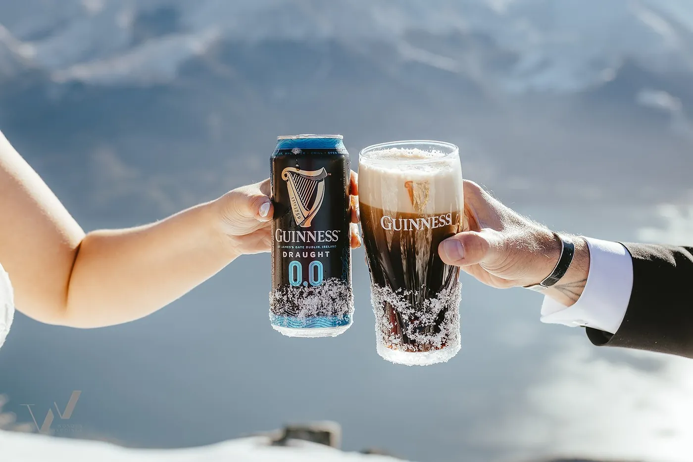 Guests toasting drinks on a mountain top